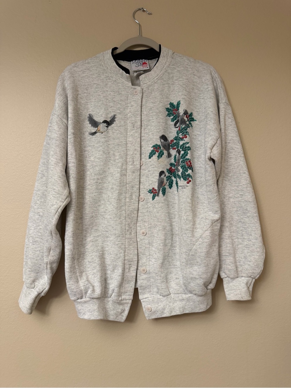Vintage Light Gray Embroidered Bird Crewneck Sweater